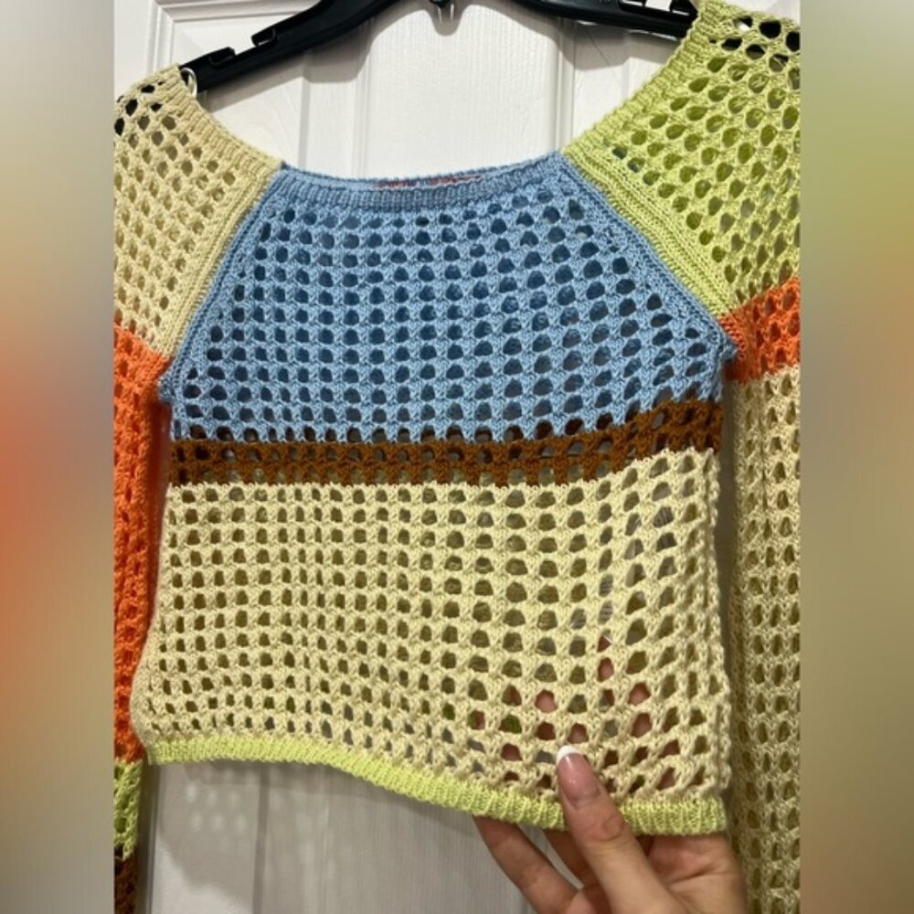 UO Mismatched Crochet Crop Top Y2K Bell Sleeve Knit XS Festival - Picture 5 of 6